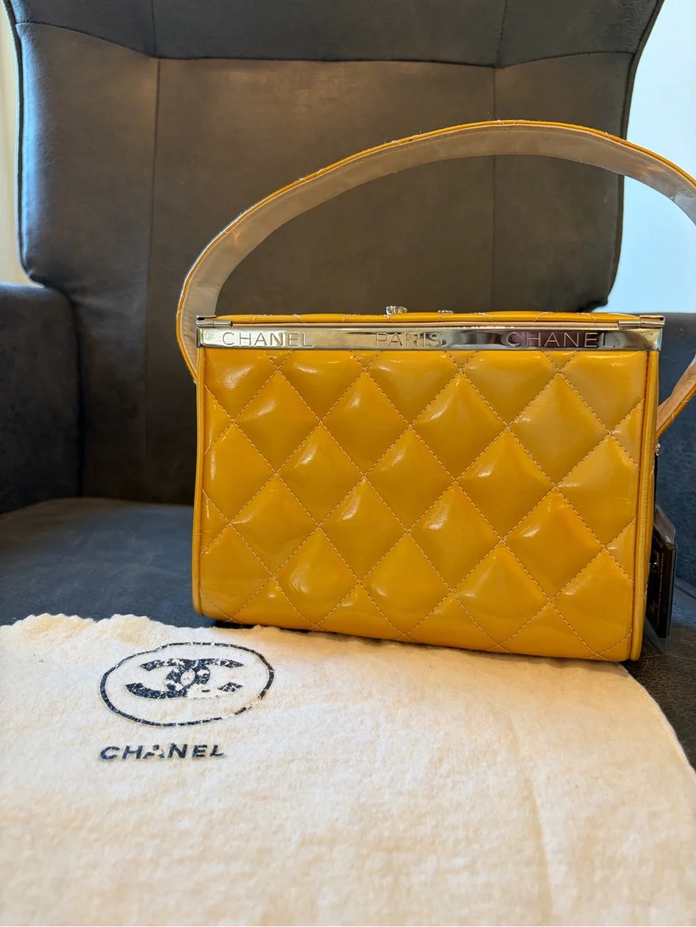 CHANEL Yellow Quilted Top-Handle Vanity Bag with Metal Trim